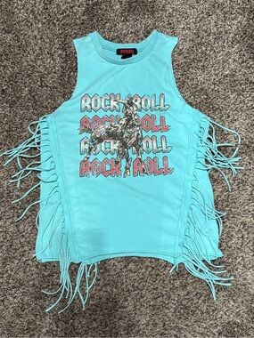 Rock & Roll Fringe Tank Top - Aqua Western Bronc Rodeo Cowgirl